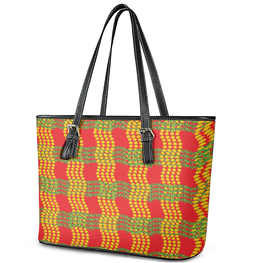 Aloha Hawaii Ilima Maile Lei Leather Tote Bag Palaka Inspired Hawaiian-plaid Red