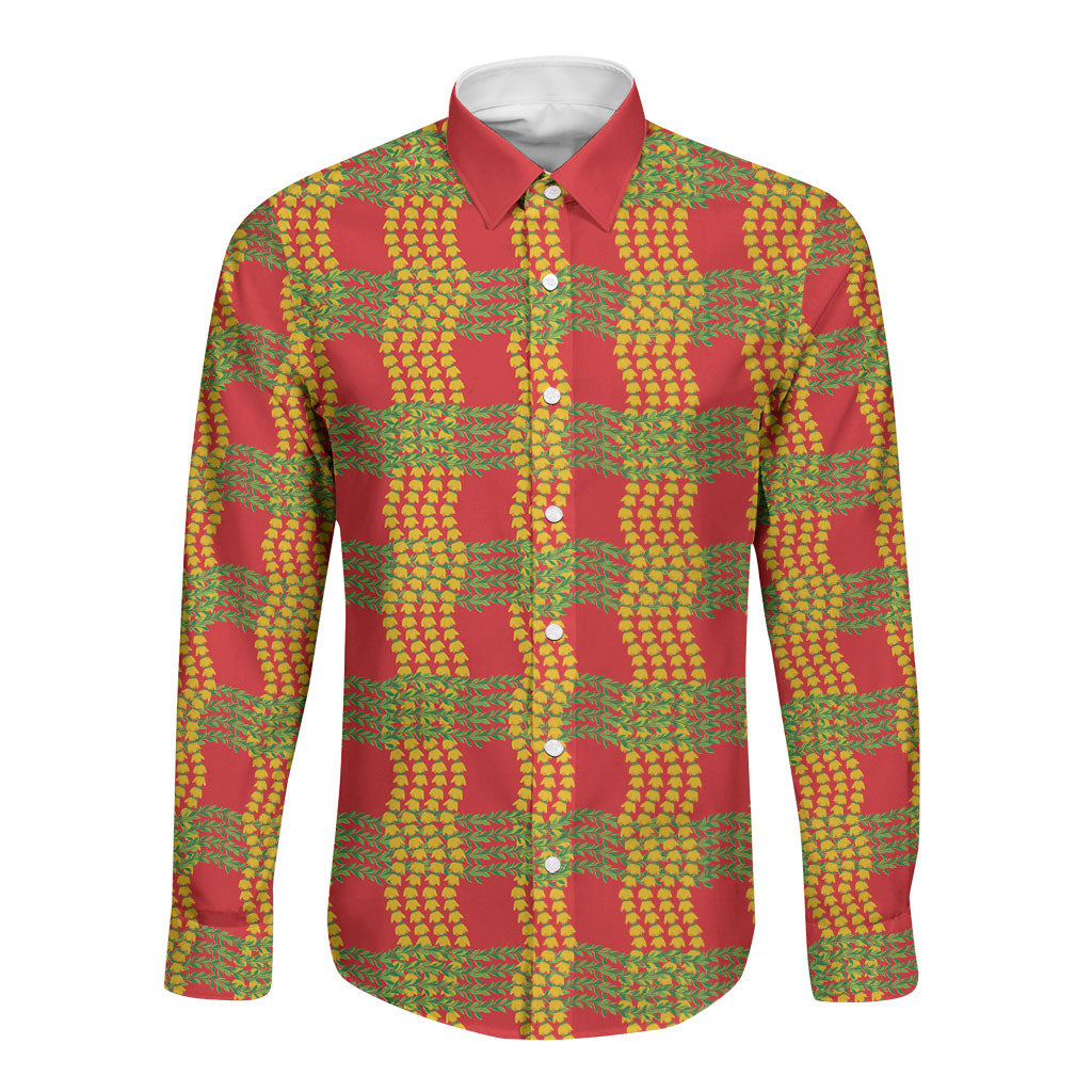 Aloha Hawaii Ilima Maile Lei Long Sleeve Button Shirt Palaka Inspired Hawaiian-plaid Red LT14 Unisex Red - Polynesian Pride