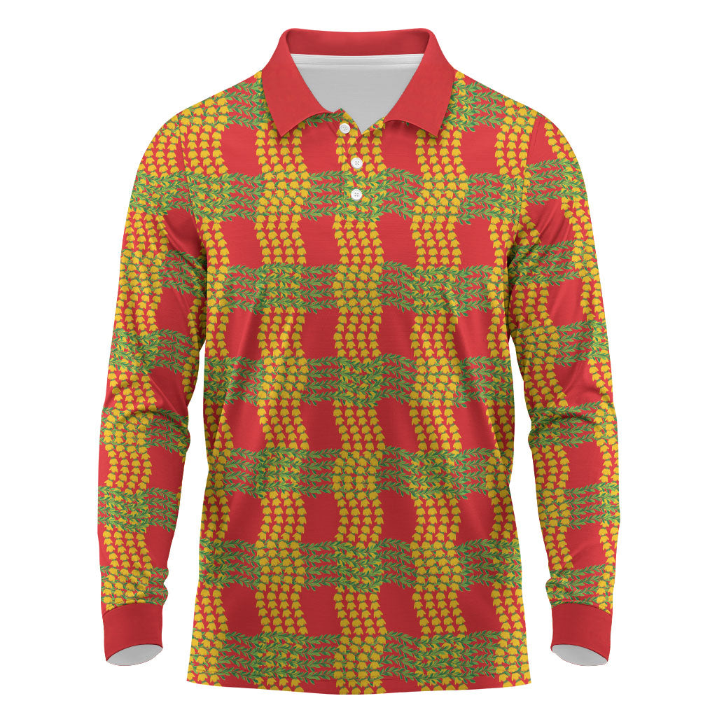 Aloha Hawaii Ilima Maile Lei Long Sleeve Polo Shirt Palaka Inspired Hawaiian-plaid Red
