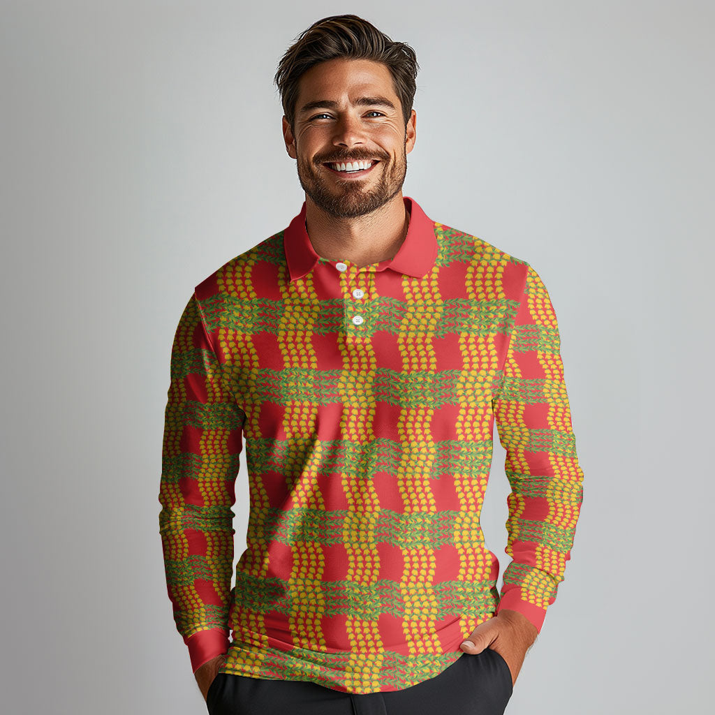 Aloha Hawaii Ilima Maile Lei Long Sleeve Polo Shirt Palaka Inspired Hawaiian-plaid Red