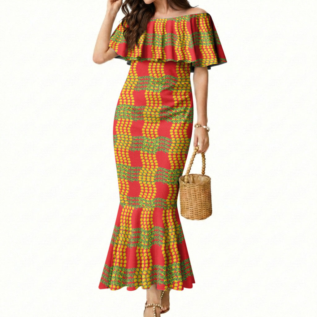 Aloha Hawaii Ilima Maile Lei Mermaid Dress Palaka Inspired Hawaiian-plaid Red LT14 Women Red - Polynesian Pride