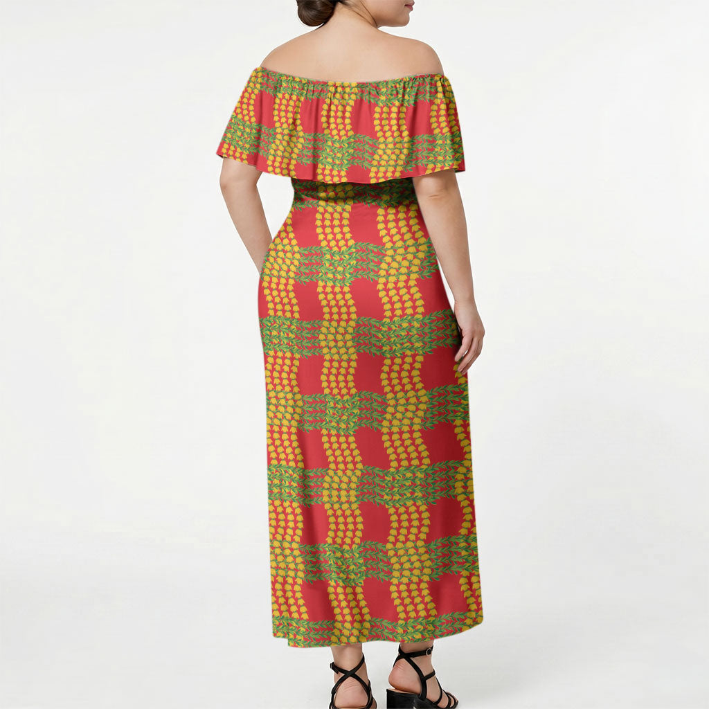 Aloha Hawaii Ilima Maile Lei Off Shoulder Maxi Dress Palaka Inspired Hawaiian-plaid Red