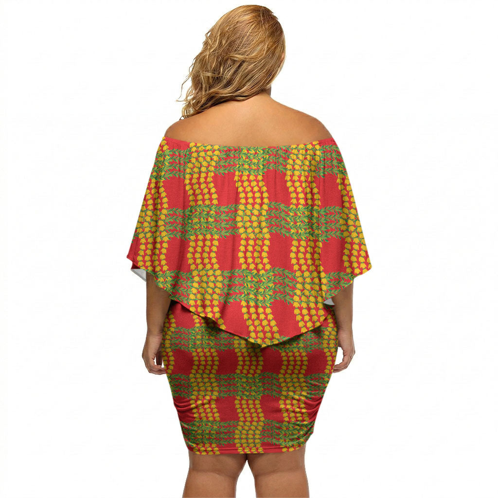 Aloha Hawaii Ilima Maile Lei Off Shoulder Short Dress Palaka Inspired Hawaiian-plaid Red