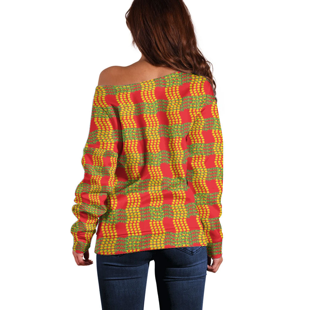 Aloha Hawaii Ilima Maile Lei Off Shoulder Sweater Palaka Inspired Hawaiian-plaid Red