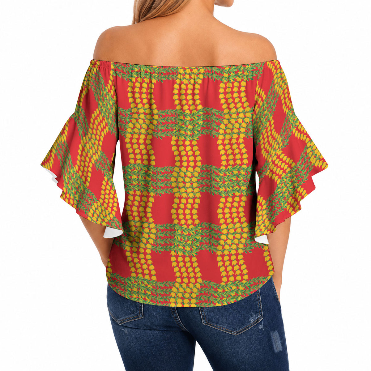 Aloha Hawaii Ilima Maile Lei Off Shoulder Wrap Waist Top Palaka Inspired Hawaiian-plaid Red