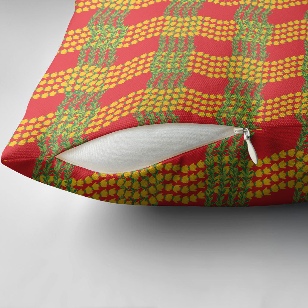 Aloha Hawaii Ilima Maile Lei Pillow Cover Palaka Inspired Hawaiian-plaid Red