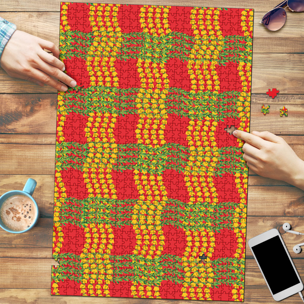 Aloha Hawaii Ilima Maile Lei Puzzle Palaka Inspired Hawaiian-plaid Red