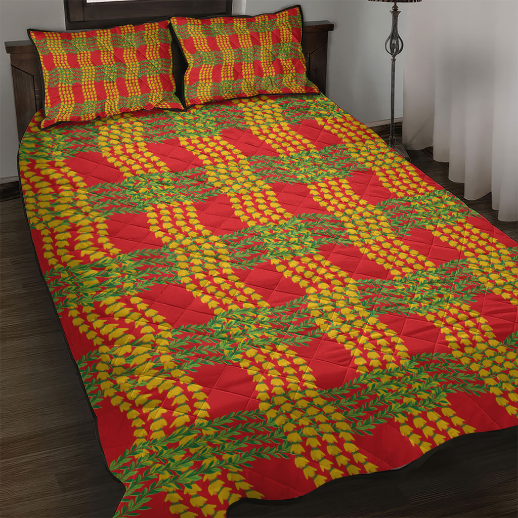 Aloha Hawaii Ilima Maile Lei Quilt Bed Set Palaka Inspired Hawaiian-plaid Red