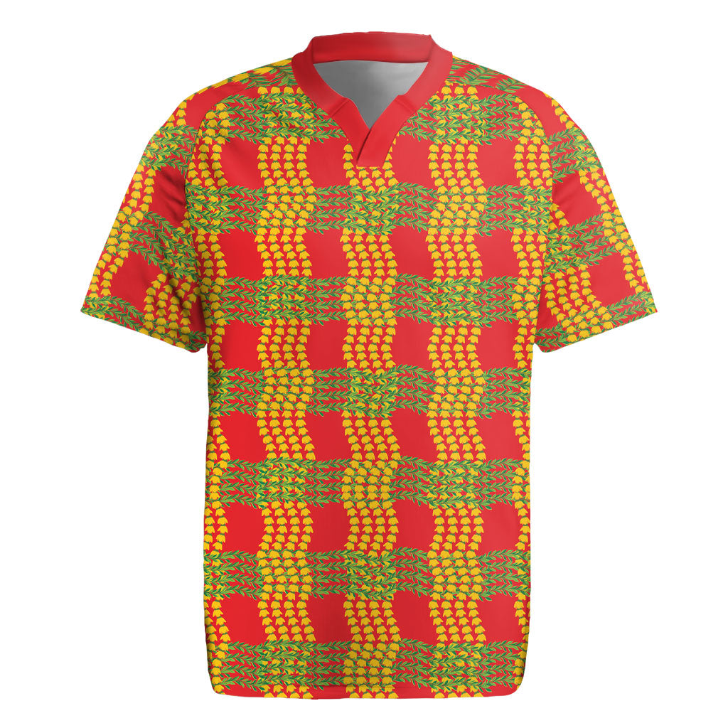 Aloha Hawaii Ilima Maile Lei Rugby Jersey Palaka Inspired Hawaiian-plaid Red