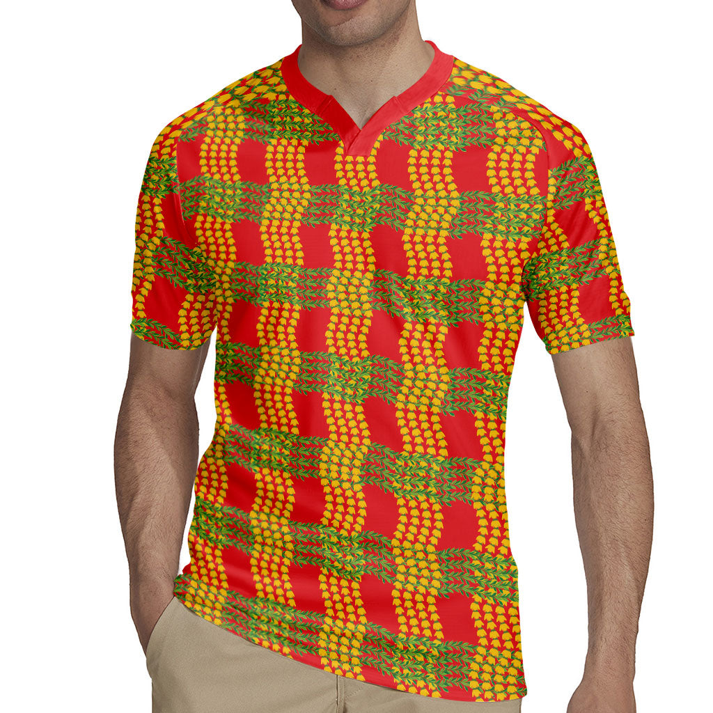 Aloha Hawaii Ilima Maile Lei Rugby Jersey Palaka Inspired Hawaiian-plaid Red