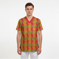 Aloha Hawaii Ilima Maile Lei Scrub Top Palaka Inspired Hawaiian-plaid Red