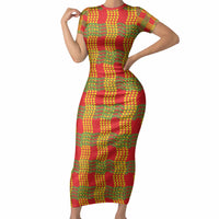 Aloha Hawaii Ilima Maile Lei Short Sleeve Bodycon Dress Palaka Inspired Hawaiian-plaid Red