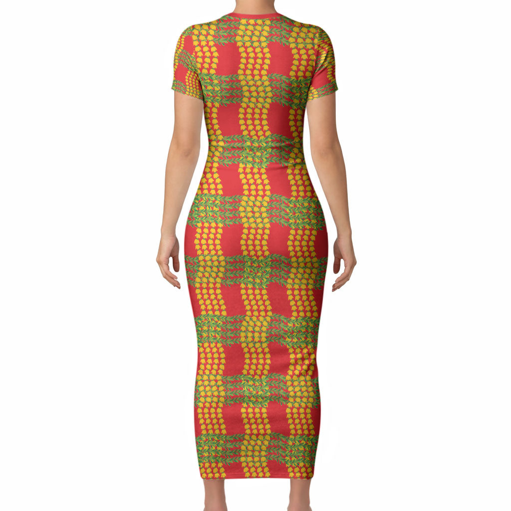 Aloha Hawaii Ilima Maile Lei Short Sleeve Bodycon Dress Palaka Inspired Hawaiian-plaid Red