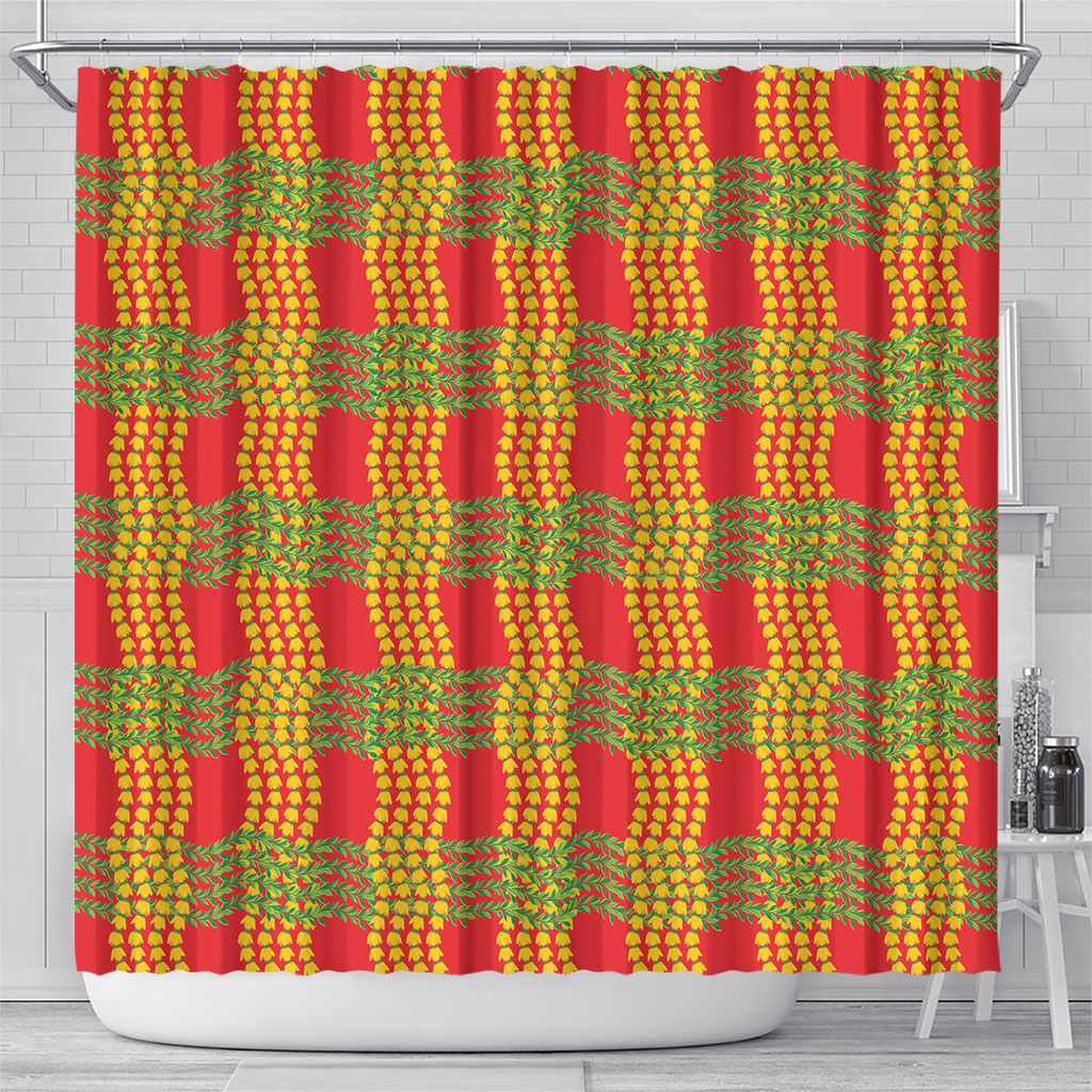 Aloha Hawaii Ilima Maile Lei Shower Curtain Palaka Inspired Hawaiian-plaid Red