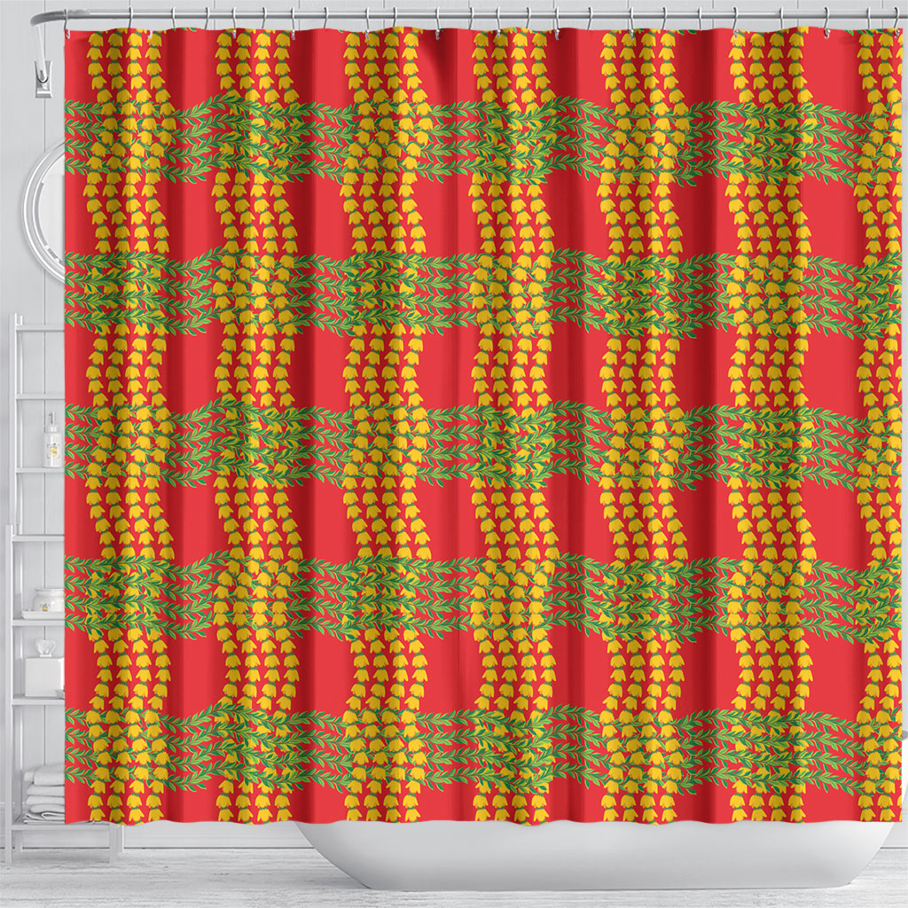 Aloha Hawaii Ilima Maile Lei Shower Curtain Palaka Inspired Hawaiian-plaid Red