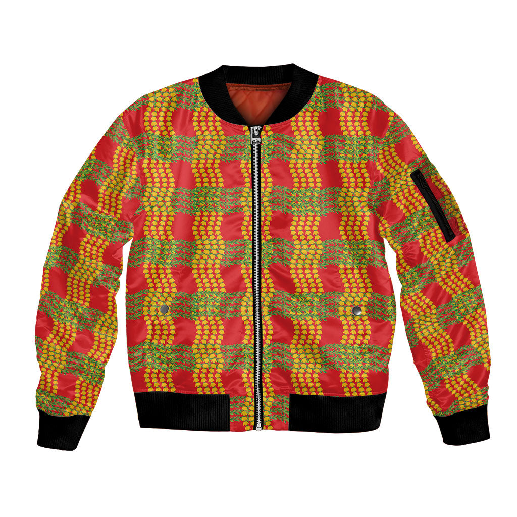 Aloha Hawaii Ilima Maile Lei Sleeve Zip Bomber Jacket Palaka Inspired Hawaiian-plaid Red