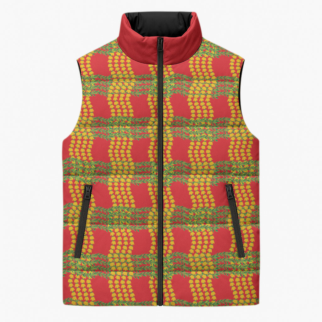Aloha Hawaii Ilima Maile Lei Sleeveless Puffer Jacket Palaka Inspired Hawaiian-plaid Red