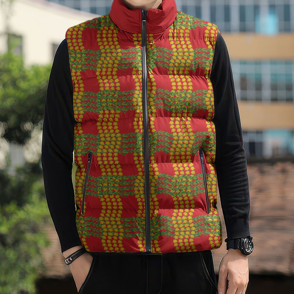 Aloha Hawaii Ilima Maile Lei Sleeveless Puffer Jacket Palaka Inspired Hawaiian-plaid Red