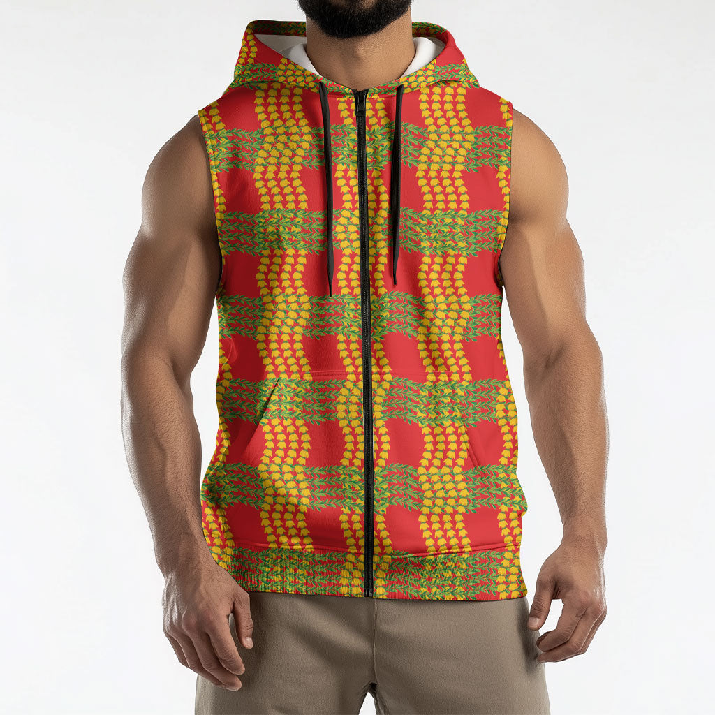 Aloha Hawaii Ilima Maile Lei Sleeveless Zip Hoodie Palaka Inspired Hawaiian-plaid Red