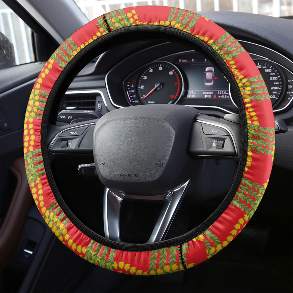 Aloha Hawaii Ilima Maile Lei Steering Wheel Cover Palaka Inspired Hawaiian-plaid Red