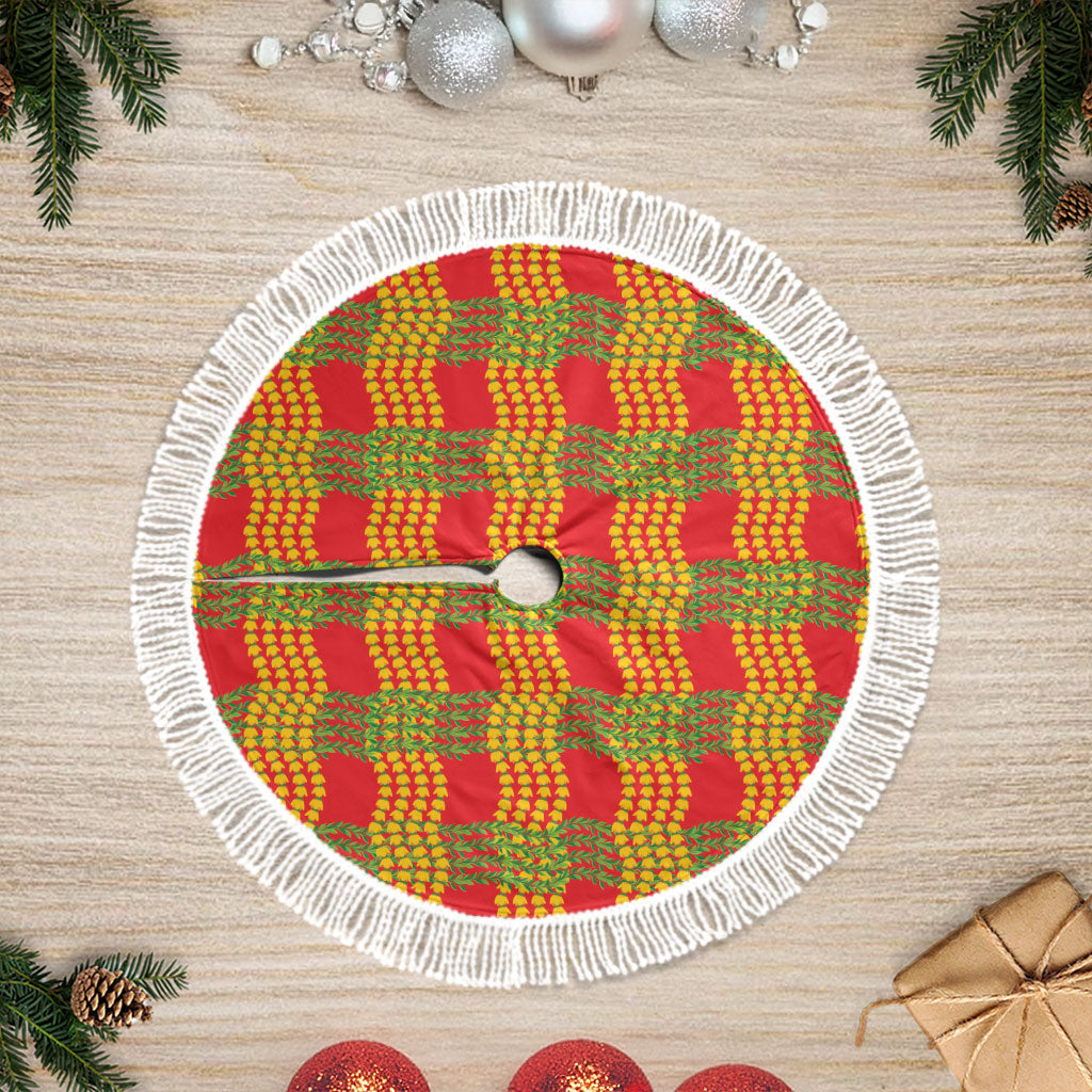 Aloha Hawaii Ilima Maile Lei Tree Skirt Palaka Inspired Hawaiian-plaid Red