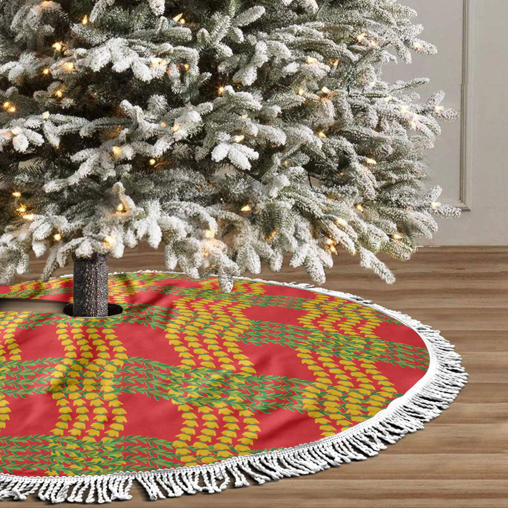 Aloha Hawaii Ilima Maile Lei Tree Skirt Palaka Inspired Hawaiian-plaid Red