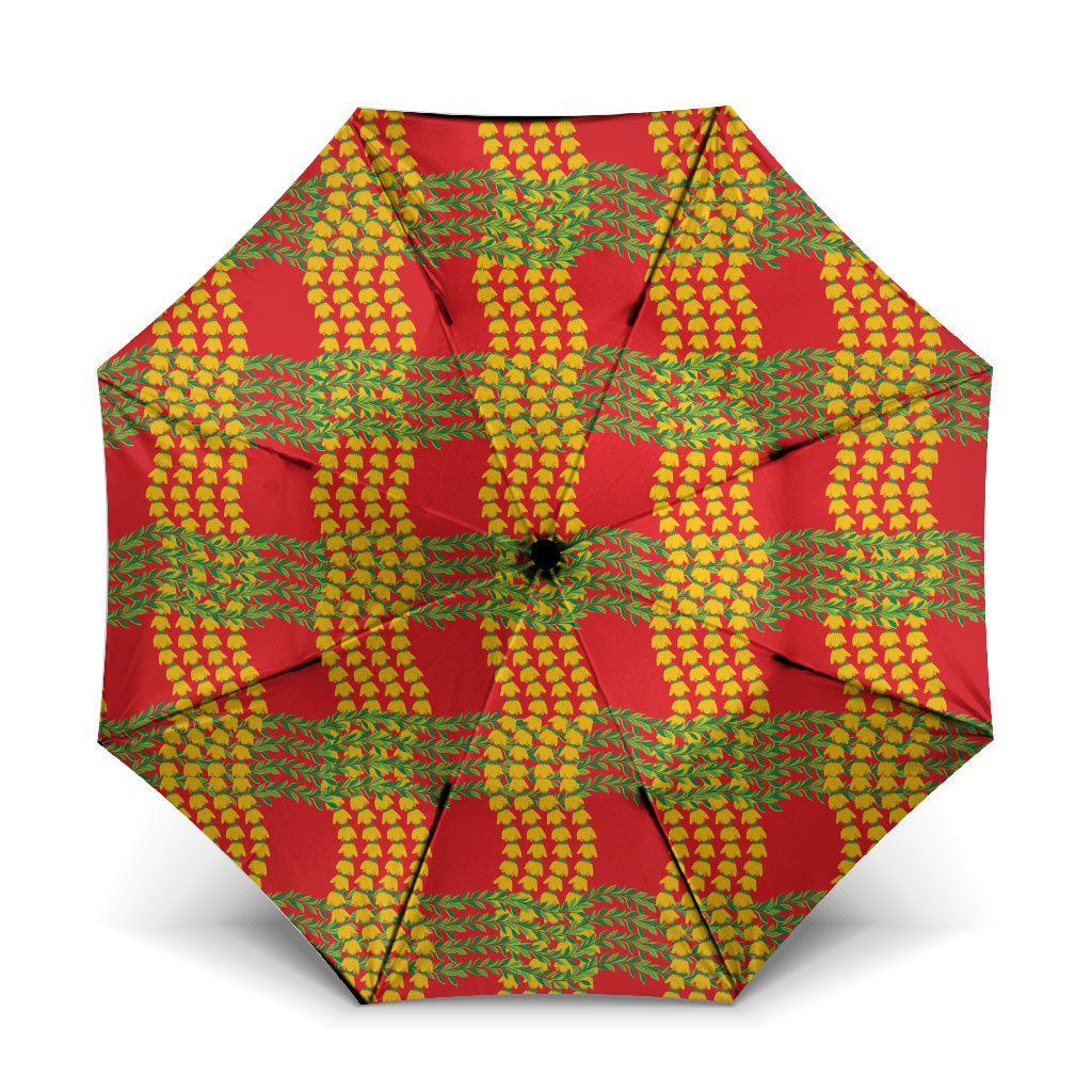 Aloha Hawaii Ilima Maile Lei Umbrella Palaka Inspired Hawaiian-plaid Red