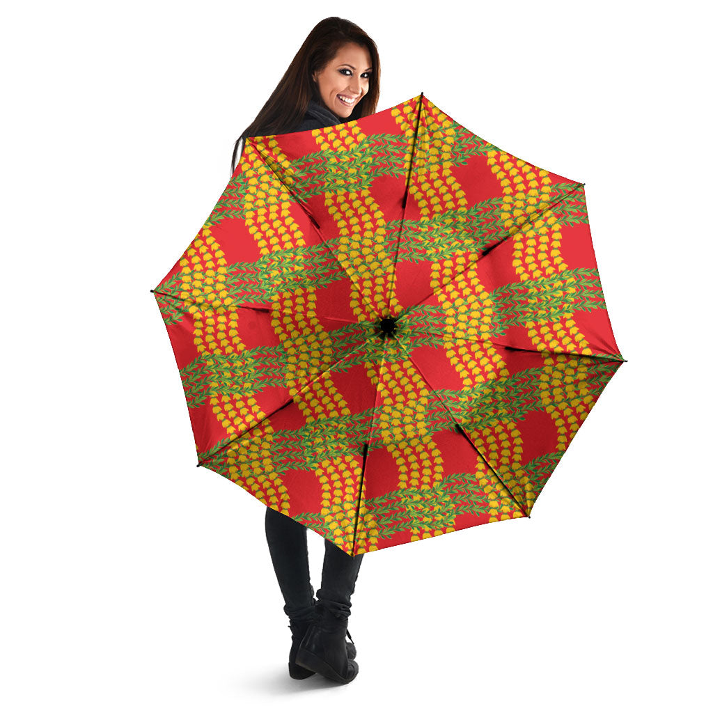 Aloha Hawaii Ilima Maile Lei Umbrella Palaka Inspired Hawaiian-plaid Red