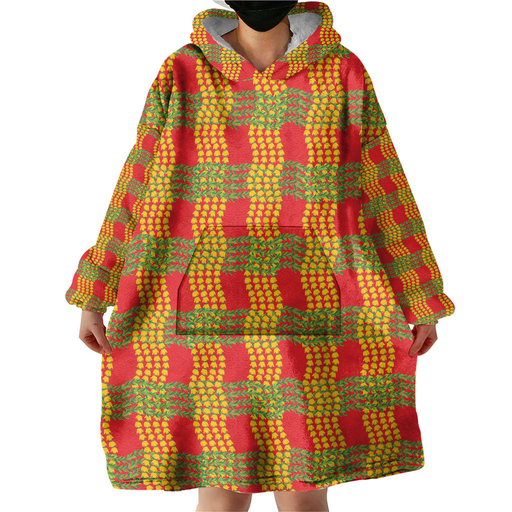 Aloha Hawaii Ilima Maile Lei Wearable Blanket Hoodie Palaka Inspired Hawaiian-plaid Red