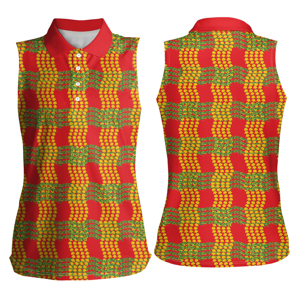 Aloha Hawaii Ilima Maile Lei Women Sleeveless Polo Shirt Palaka Inspired Hawaiian-plaid Red