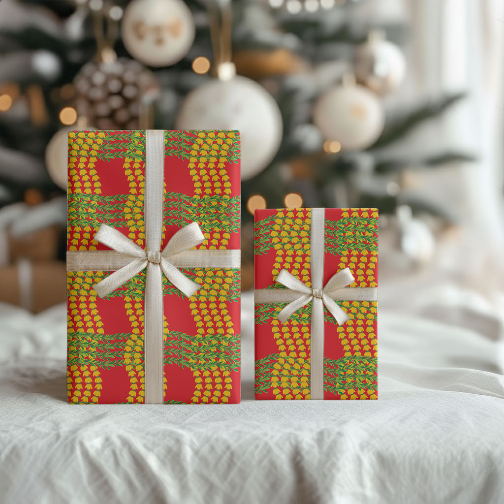 Aloha Hawaii Ilima Maile Lei Wrapping Paper Palaka Inspired Hawaiian-plaid Red