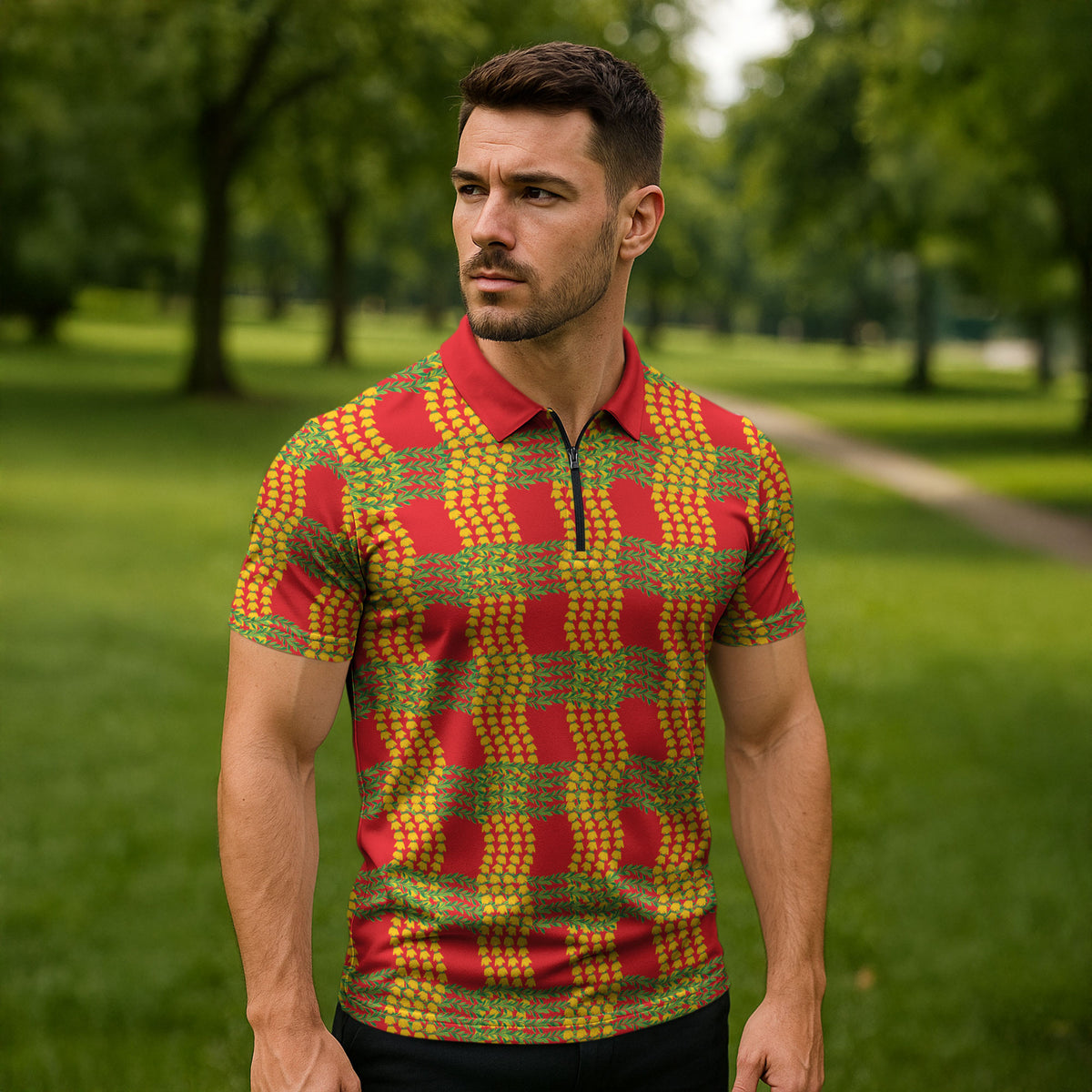 Aloha Hawaii Ilima Maile Lei Zipper Polo Shirt Palaka Inspired Hawaiian-plaid Red