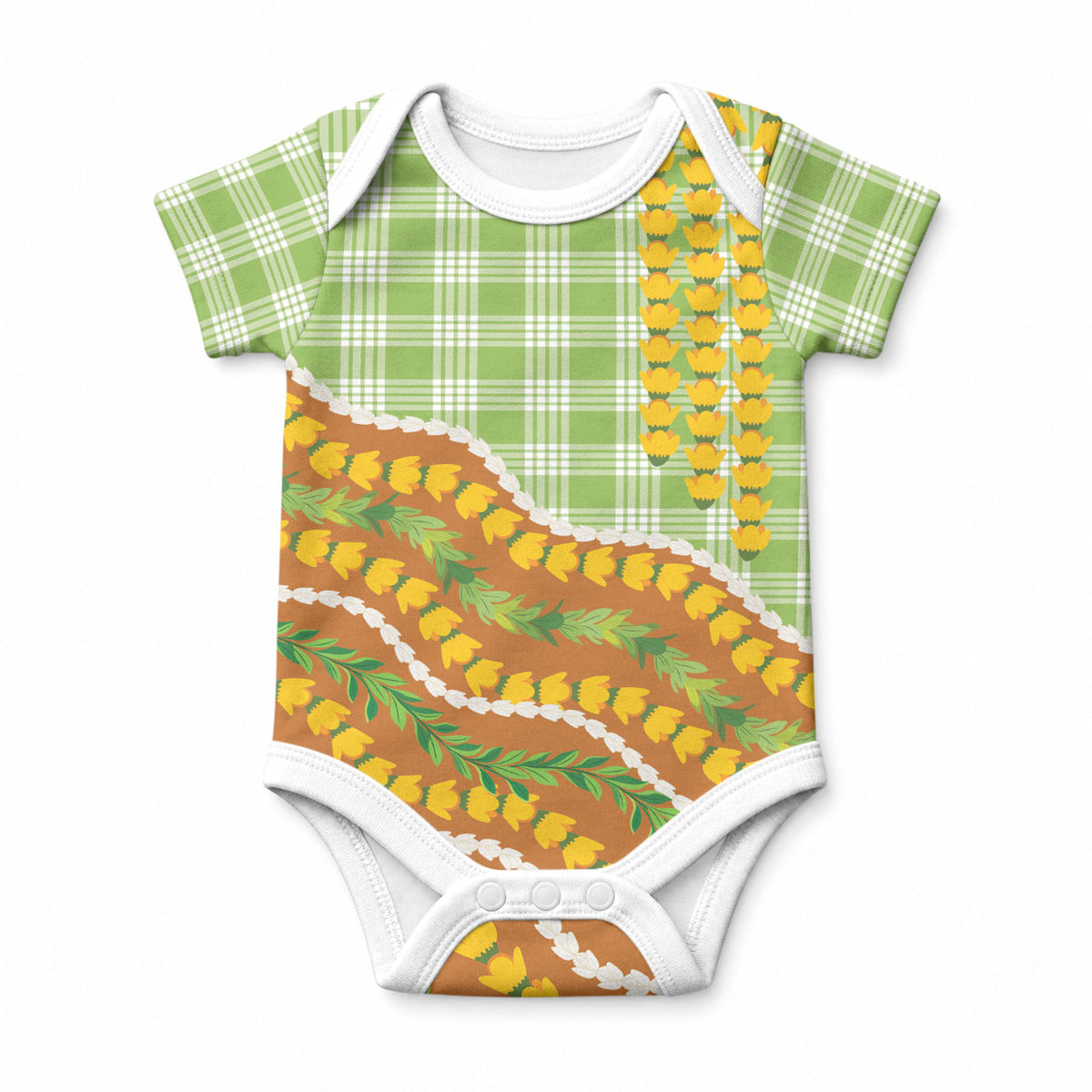 Hawaii Leis Palaka Motifs Baby Onesie Pikake Pakalana Maile Ilima Kakau Style