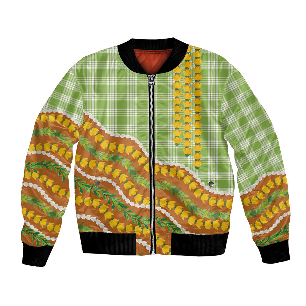 Hawaii Leis Palaka Motifs Bomber Jacket Pikake Pakalana Maile Ilima Kakau Style