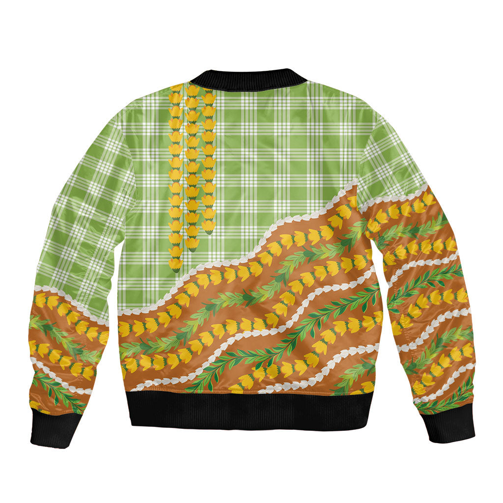 Hawaii Leis Palaka Motifs Bomber Jacket Pikake Pakalana Maile Ilima Kakau Style