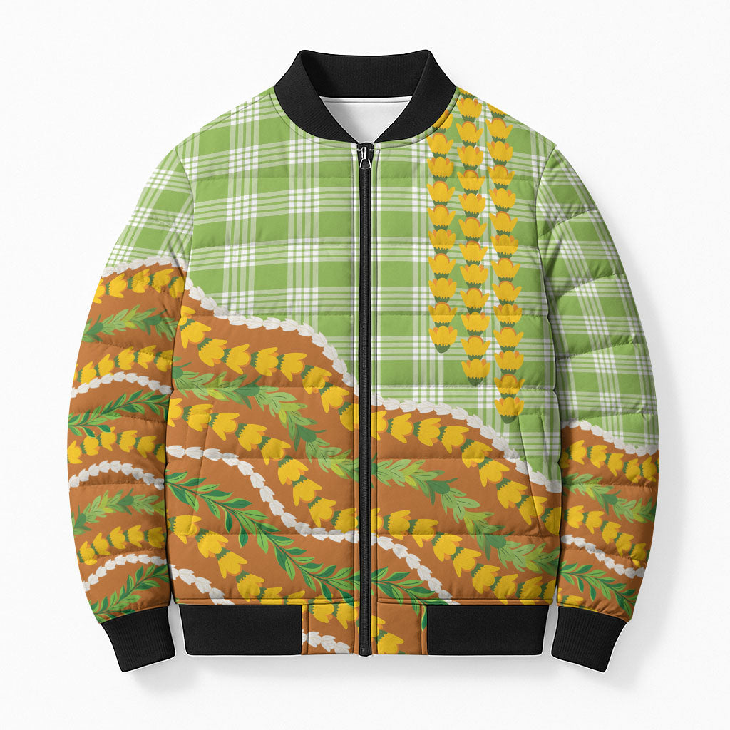 Hawaii Leis Palaka Motifs Bomber Puffer Jacket Pikake Pakalana Maile Ilima Kakau Style