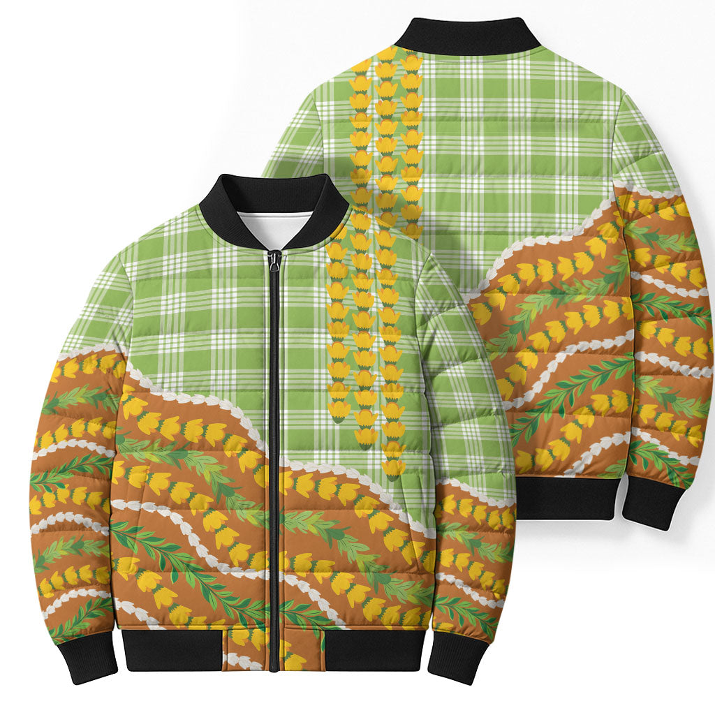 Hawaii Leis Palaka Motifs Bomber Puffer Jacket Pikake Pakalana Maile Ilima Kakau Style