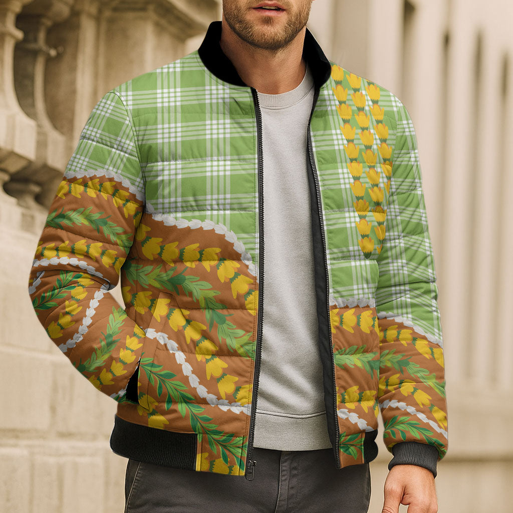 Hawaii Leis Palaka Motifs Bomber Puffer Jacket Pikake Pakalana Maile Ilima Kakau Style