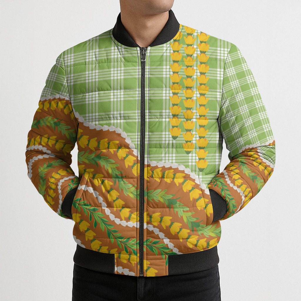 Hawaii Leis Palaka Motifs Bomber Puffer Jacket Pikake Pakalana Maile Ilima Kakau Style