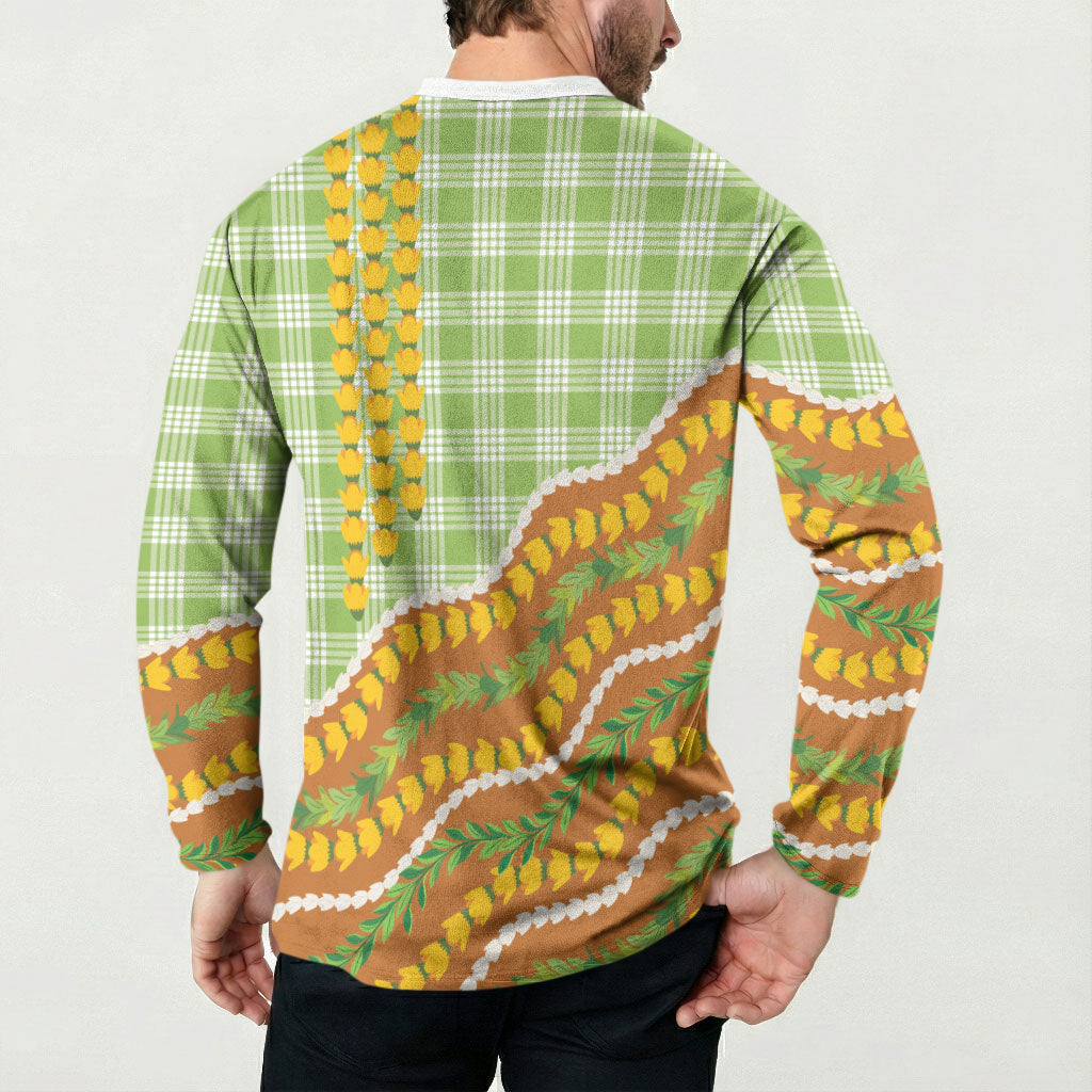 Hawaii Leis Palaka Motifs Button Sweatshirt Pikake Pakalana Maile Ilima Kakau Style