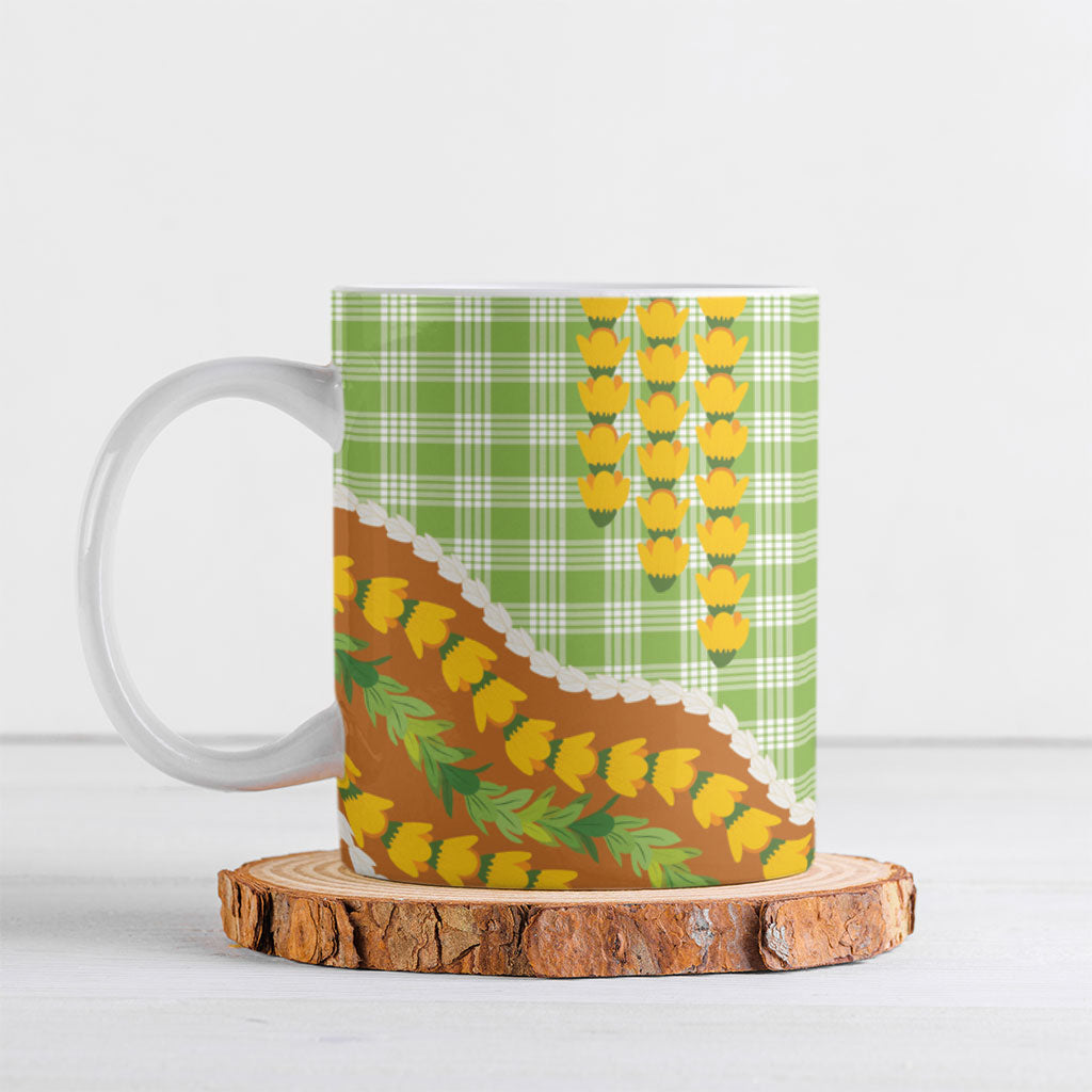 Hawaii Leis Palaka Motifs Ceramic Mug Pikake Pakalana Maile Ilima Kakau Style