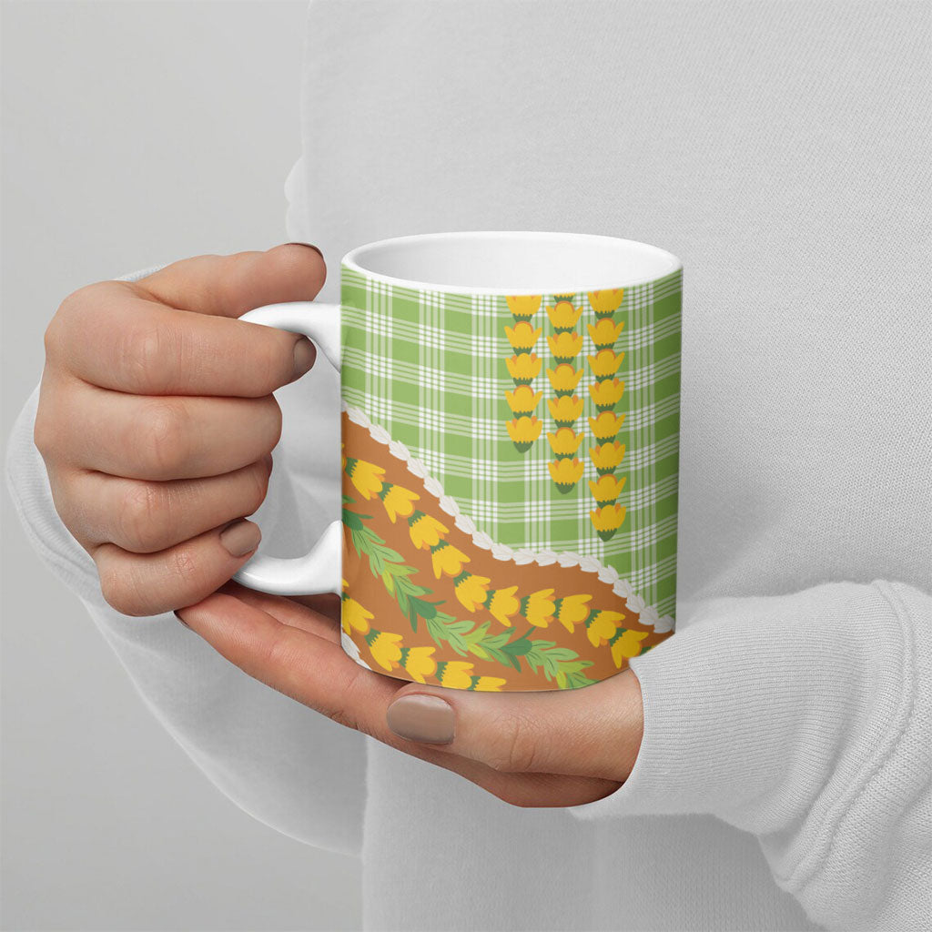 Hawaii Leis Palaka Motifs Ceramic Mug Pikake Pakalana Maile Ilima Kakau Style
