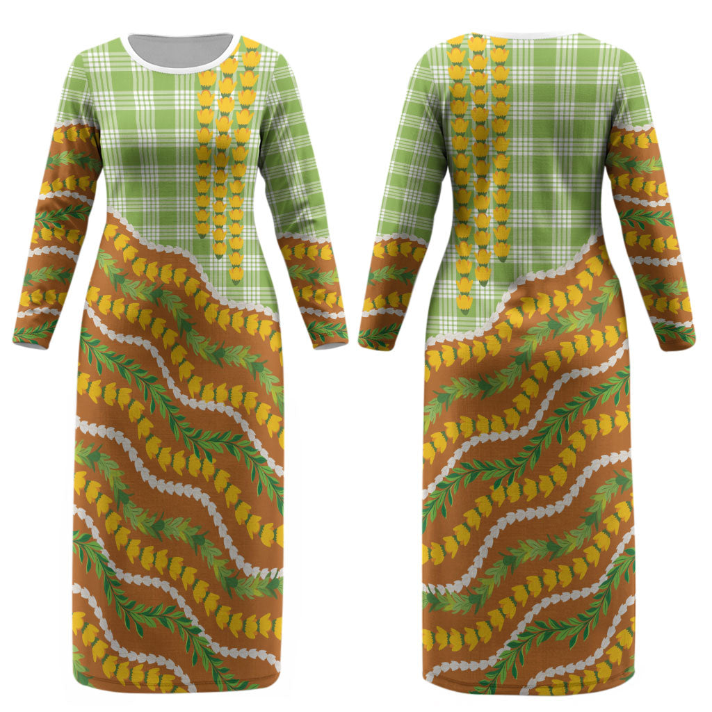 Hawaii Leis Palaka Motifs Couples Matching Long Sleeve Bodycon Dress and Long Sleeve Button Shirt Pikake Pakalana Maile Ilima Kakau Style