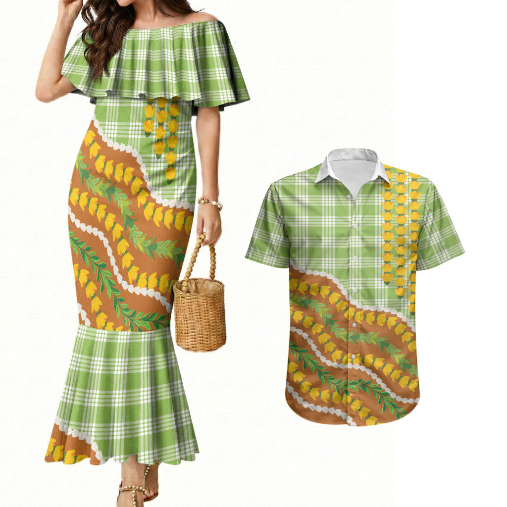 Hawaii Leis Palaka Motifs Couples Matching Mermaid Dress and Hawaiian Shirt Pikake Pakalana Maile Ilima Kakau Style