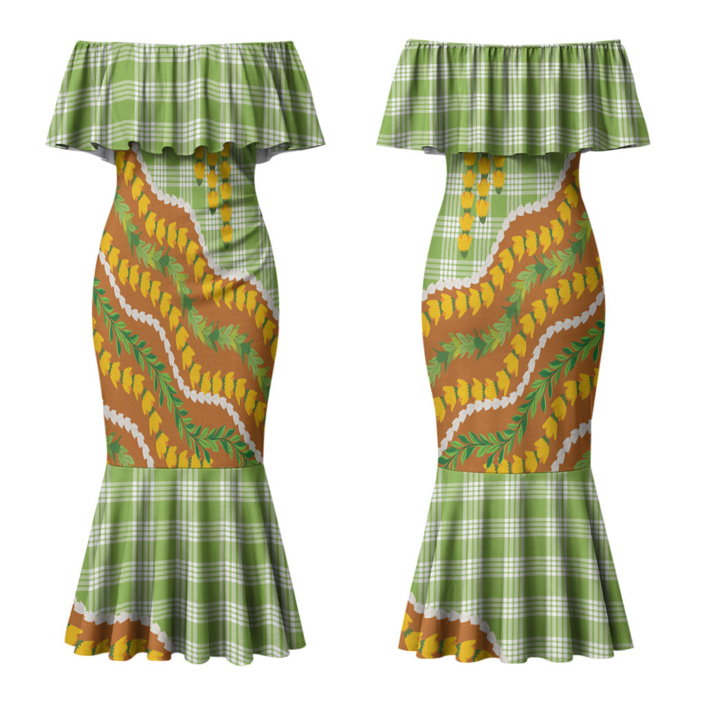 Hawaii Leis Palaka Motifs Couples Matching Mermaid Dress and Hawaiian Shirt Pikake Pakalana Maile Ilima Kakau Style