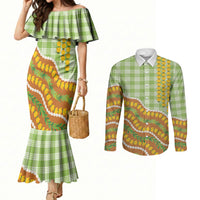 Hawaii Leis Palaka Motifs Couples Matching Mermaid Dress and Long Sleeve Button Shirt Pikake Pakalana Maile Ilima Kakau Style