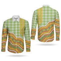 Hawaii Leis Palaka Motifs Couples Matching Mermaid Dress and Long Sleeve Button Shirt Pikake Pakalana Maile Ilima Kakau Style