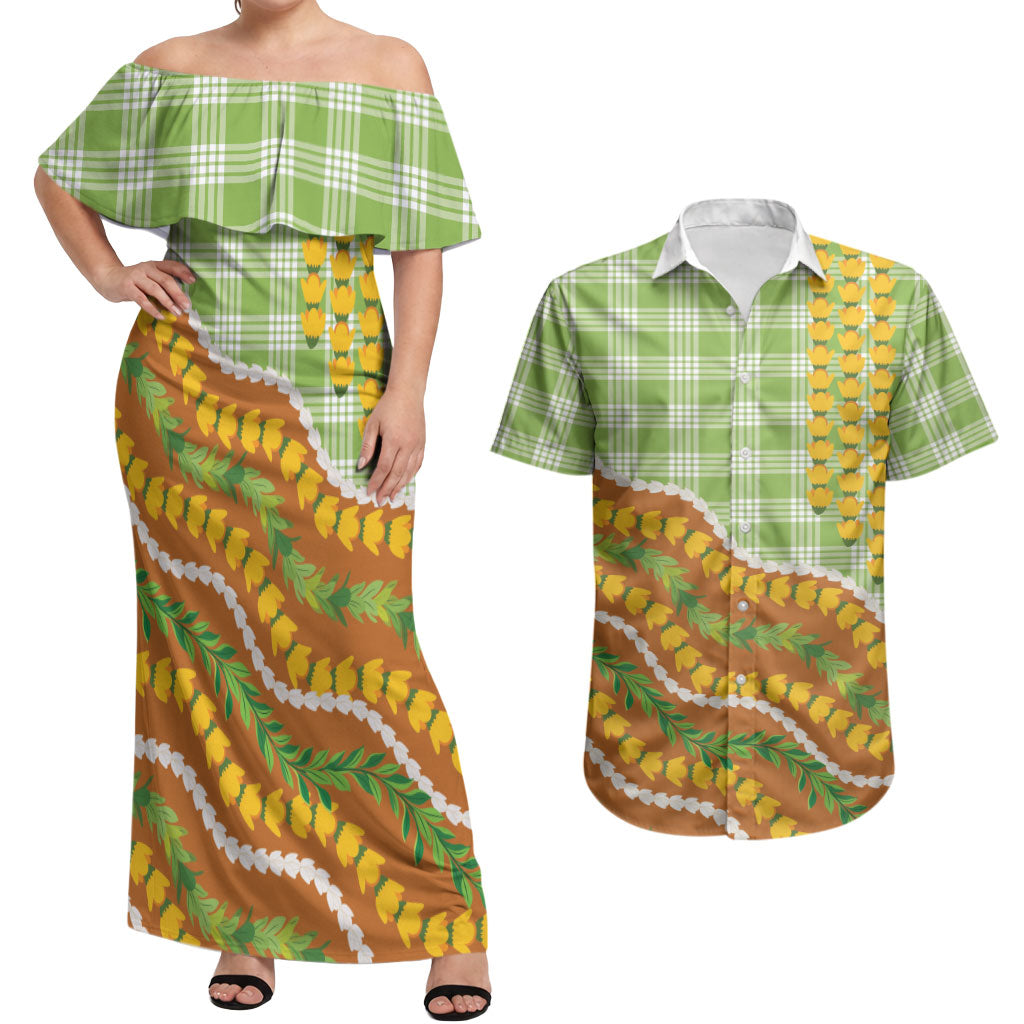 Hawaii Leis Palaka Motifs Couples Matching Off Shoulder Maxi Dress and Hawaiian Shirt Pikake Pakalana Maile Ilima Kakau Style