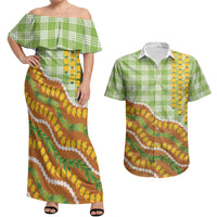 Hawaii Leis Palaka Motifs Couples Matching Off Shoulder Maxi Dress and Hawaiian Shirt Pikake Pakalana Maile Ilima Kakau Style