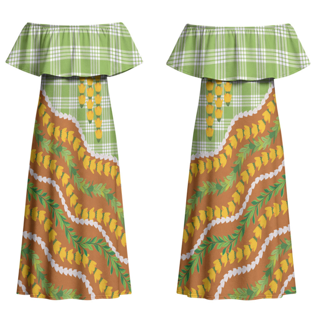 Hawaii Leis Palaka Motifs Couples Matching Off Shoulder Maxi Dress and Hawaiian Shirt Pikake Pakalana Maile Ilima Kakau Style